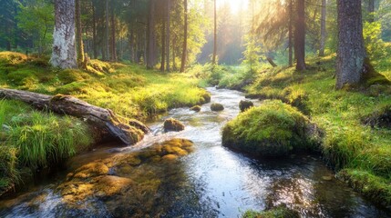 Serene Forest Clear Stream Scene, Vibrant Greenery and Wildlife Flourishing, Environmental Harmony Depicted.