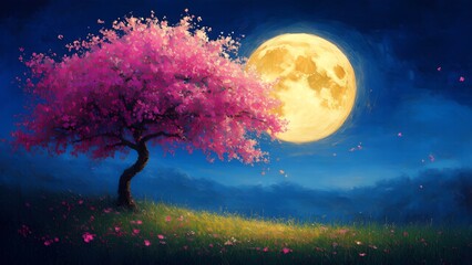 Watercolor painting of a full moon night, illuminating a flowering tree surrounded by lush nature