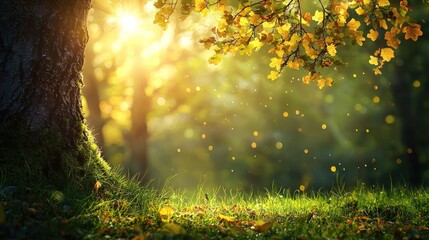 Obraz premium Sunlit autumn forest scene with tree trunk, leaves, and grass.