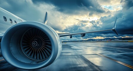 Jet engine close-up with dramatic sky and wet tarmac.
