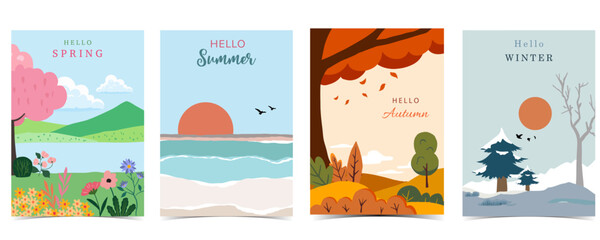 Four season holiday landscape background with mountain and tree for a4 vertical design