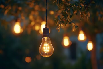 Warm Glowing String Lights Hanging Among Tree Branches at Dusk