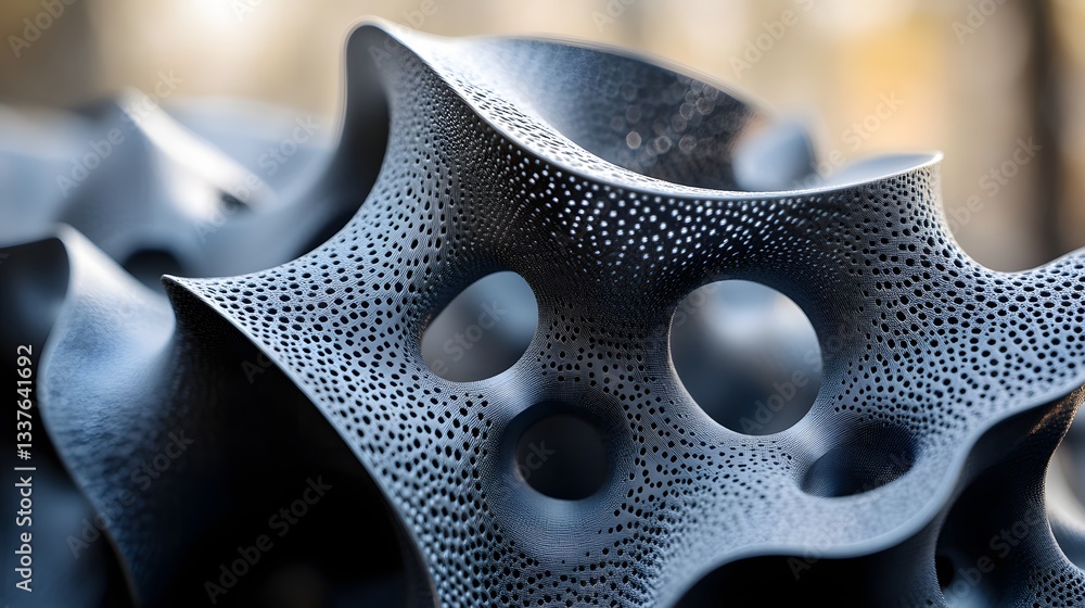 Poster close-up of a 3d-printed sculpture with intricate texture and abstract form. the dark gray material 