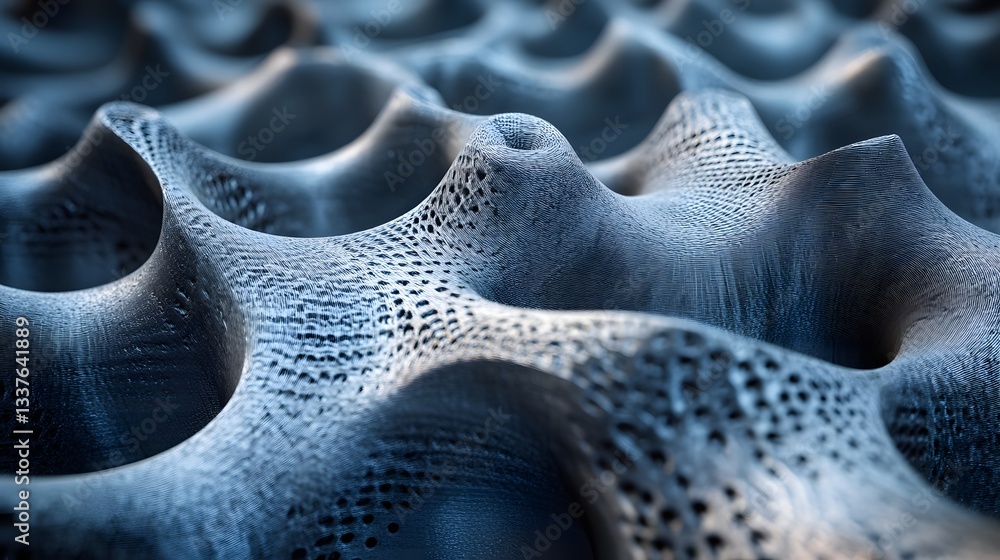 Poster close-up view of a digitally rendered abstract surface with intricate textures and deep blue hues. o