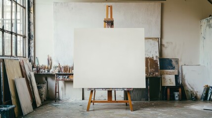 An artists empty canvas sits on a wooden easel in a studio