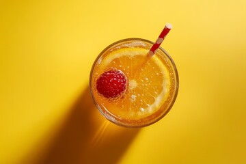 Refreshing Summer Drink with Orange, Raspberry, and Striped Straw on Bright Yellow Background