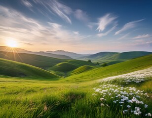 Obraz premium Abstract spring landscape with rolling green hills, delicate blooming flowers