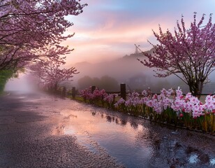 April showers with soft rain droplets falling on blooming flowers