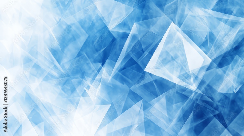Poster modern abstract blue background with layered white transparent textured shapes featuring triangles, 