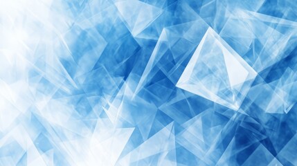 Obraz premium Modern abstract blue background with layered white transparent textured shapes featuring triangles, diamonds, and squares in a random geometric pattern for futuristic digital design and stylish minima