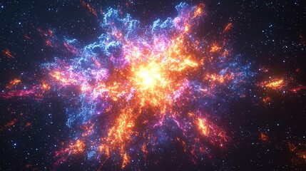Obraz premium Cosmic explosion, vibrant nebula with fiery orange and cool blue hues.