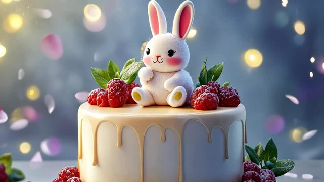 cute Easter cake topped with a cute bunny and surrounded by colorful Easter eggs sits against a pink background. Cute greeting card for Easter. greetings and festive banner. video 4k