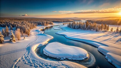 Obraz premium Frozen Siberian River: Winding Through Snowy Tundra Wilderness