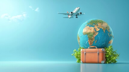 Airplane above globe on suitcase, travel concept.