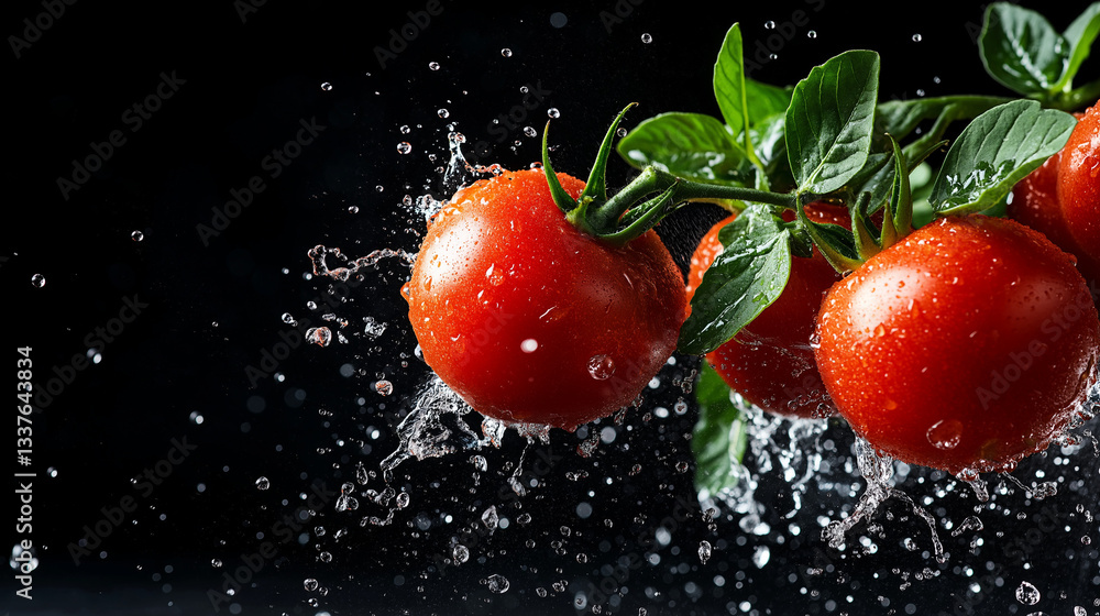 Poster tomatoes splash: a cluster of ripe red tomatoes and vibrant green basil leaves in a dynamic composit