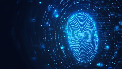 Digital Fingerprint Security.  Advanced biometric authentication technology.  Abstract representation of a fingerprint, overlaid with digital data