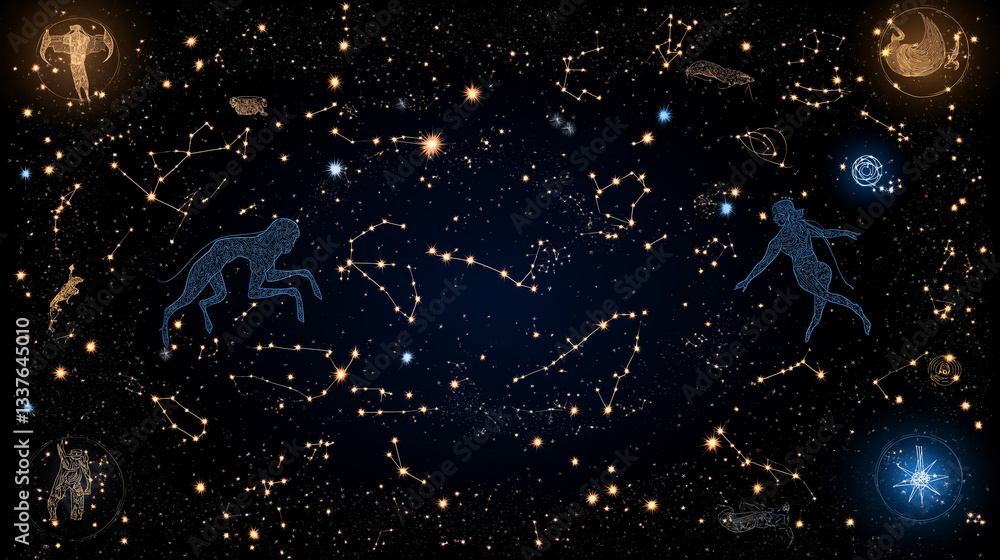 Poster celestial tapestry: a mesmerizing depiction of constellations, meticulously mapped across a deep spa