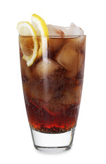 Refreshing cola with slices of lemon and ice cubes in glass isolated on white