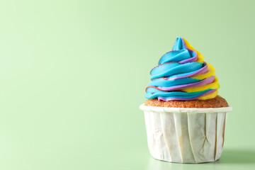 Tasty cupcake with colorful cream on light green background, closeup. Space for text