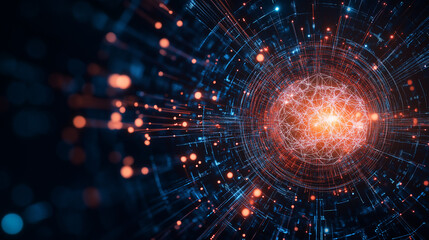 Fototapeta premium Digital Core: A mesmerizing digital representation of a central core, illuminated by interconnected data streams in an electric display of technological advancements.
