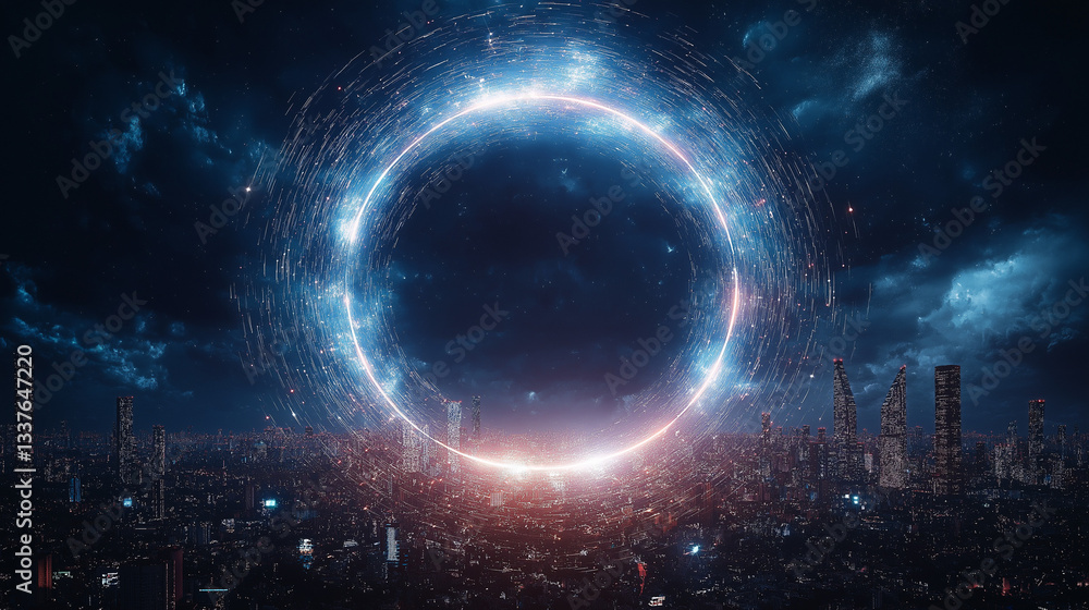 Poster celestial portal over metropolis: a breathtaking view of an ethereal, glowing portal hovering over a