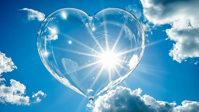 Heart-shaped bubble floats in a clear blue sky with bright sunlight and fluffy clouds during the afternoon