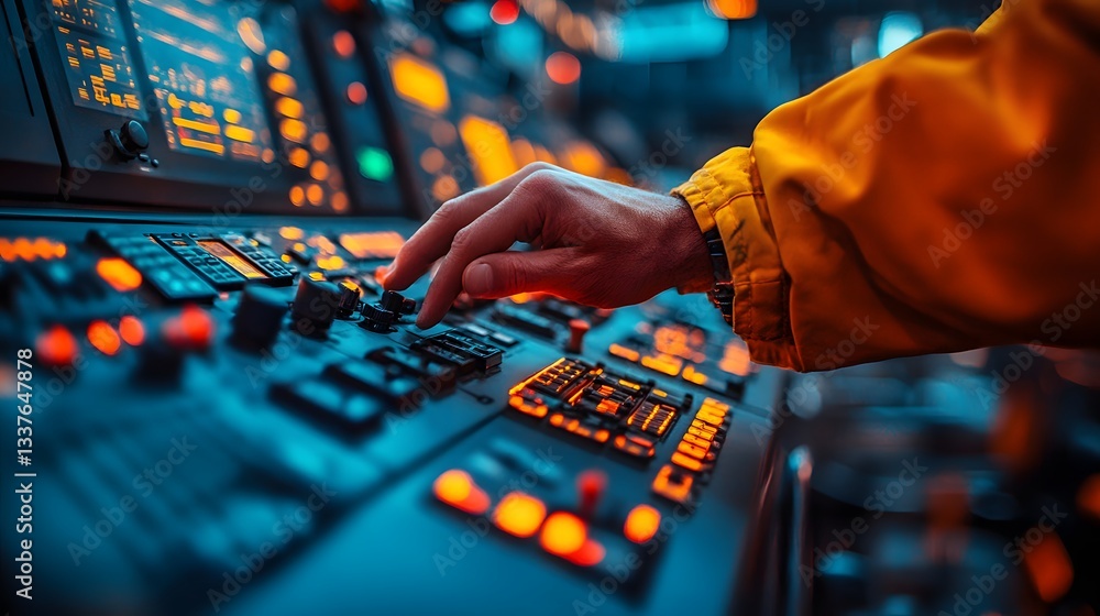 Poster a hand precisely interacts with a complex control panel, showcasing advanced technology and intricat
