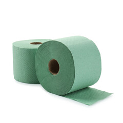 Green toilet paper rolls isolated on white