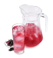 Delicious hibiscus tea with ice and dry roselle sepals isolated on white