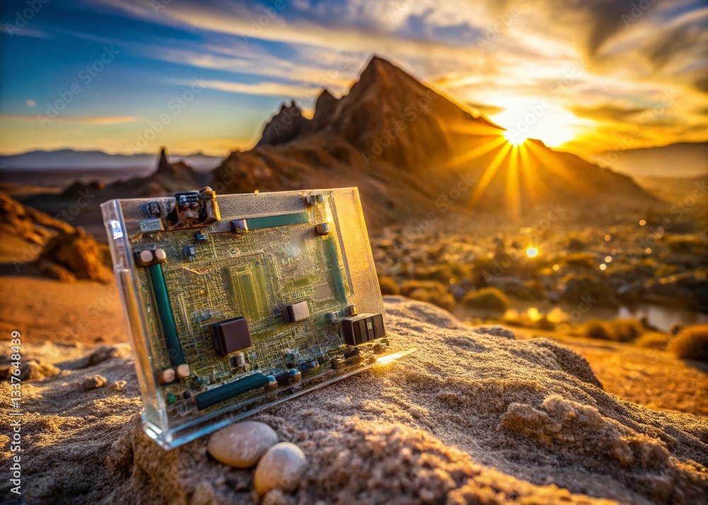 Poster futuristic tech landscape: computer motherboard with clear protective case in desert setting