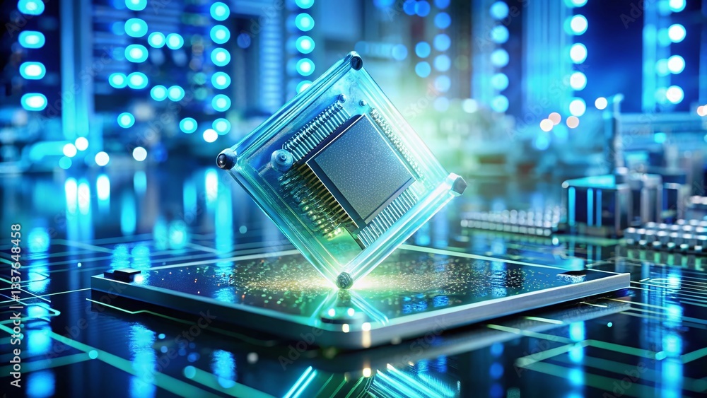 Poster futuristic technology: scientist examining advanced ai microchip