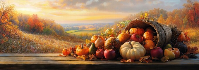 Cornucopia with an abundance of autumn produce in a picturesque fall landscape.