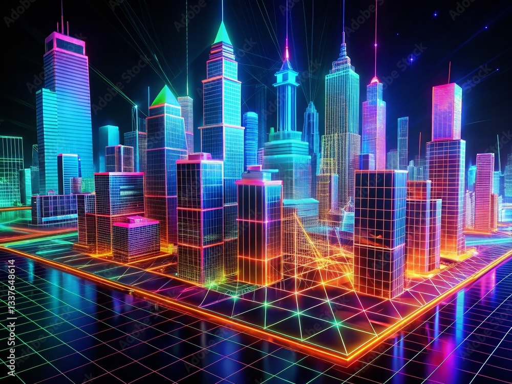 Poster futuristic wireframe shapes: abstract neon grids & cyberpunk geometry - y2k retro 3d stock photo