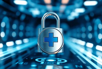 A sleek, futuristic digital lock shines against a glowing blue background, symbolizing cutting-edge encryption and network security. The lock&rsquo;s intricate design pulses with neon light,