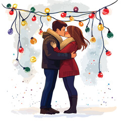 Romantic Young Couple Kissing Under Bright Christmas Lights