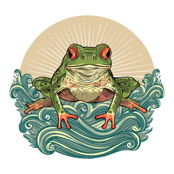 A the purto rican frog, coqui, in the ocean, with traditional Māori patterns and designs on its body, a symmetrical design with waves and a sun background, in a vector art style,