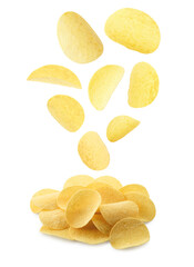 Tasty potato chips falling on white background