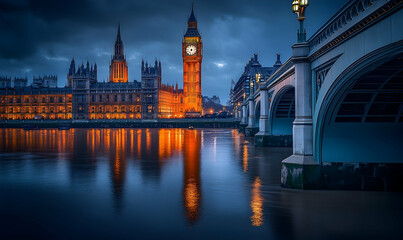 Naklejka premium Majestic view of the illuminated Big Ben and Houses of Parliament at dusk, reflecting on the Thames