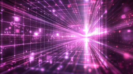 Fototapeta premium Abstract pink grid tunnel, glowing light rays, digital space.