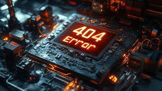 Close-up of a circuit board displaying a 404 error message.