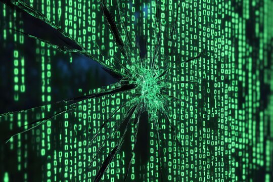 A shattered digital matrix with glowing green binary code.