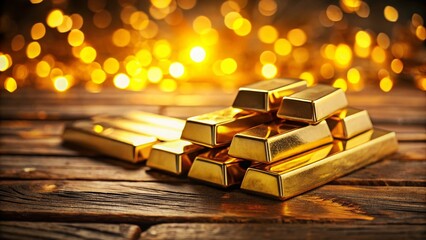 Glimmering Gold Bars on Rustic Wood, Warm Bokeh Lights Background - Stock Photo