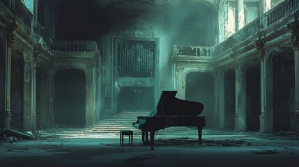 A robot pianist playing a melancholic tune in an abandoned opera house, the sound echoing through the empty hall, cinematic futuristic melancholy