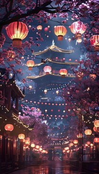 A grand palace garden filled with blooming cherry blossoms, paper lanterns glowing in the night, cinematic peaceful harmony