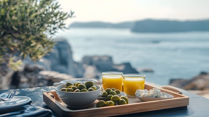 Fototapeta premium Minimalist yet elegant Mediterranean breakfast on a wooden tray.