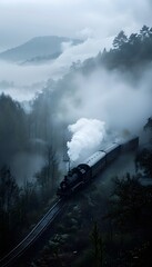 Fototapeta premium A ghostly train rolling through a fog-covered valley, passengers visible as transparent silhouettes, cinematic eerie nostalgia