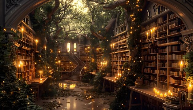A grand library hidden deep in a forest, bookshelves stretching endlessly under golden candlelight, cinematic enchanted wisdom
