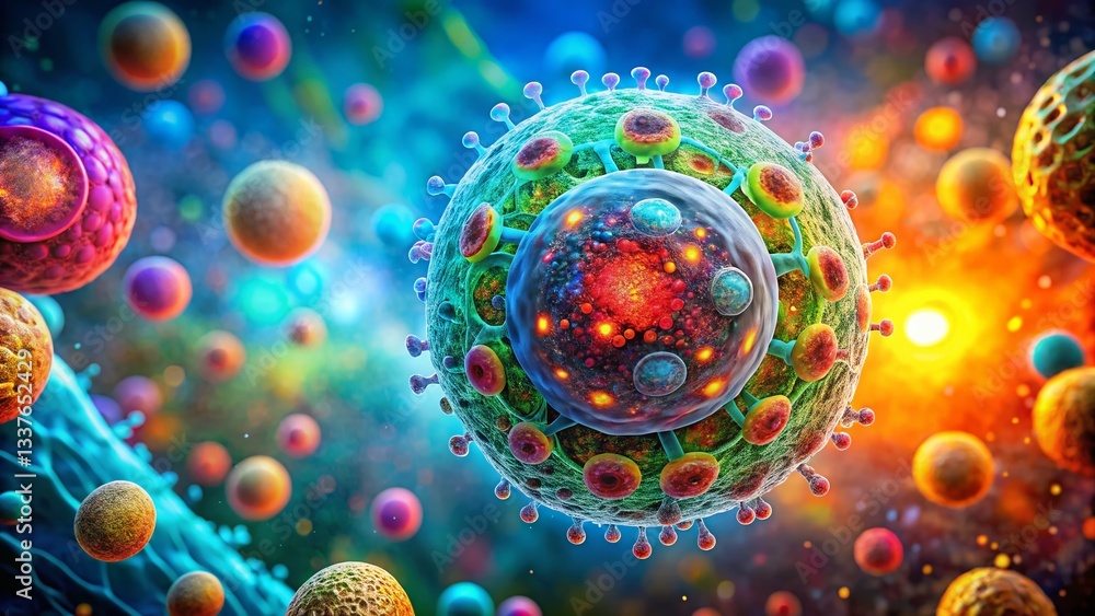 Aufkleber glowing microscopic cell structure: abstract science background stock photo