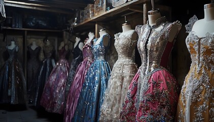 A mystical tailor in a hidden workshop where gowns made of pure stardust shimmer on invisible mannequins, each dress holding a secret history