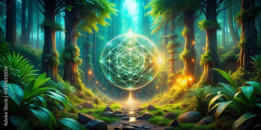 Poster glowing symbol in geometric forest: abstract nature tech stock photo